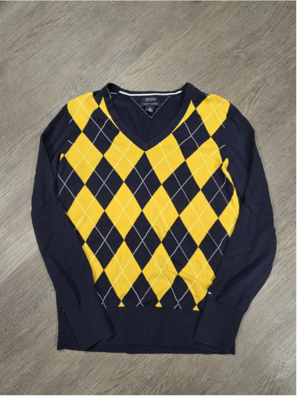 Tommy Hilfiger 100% Prima Cotton Size Medium Yellow And Blue Diamond Sweater